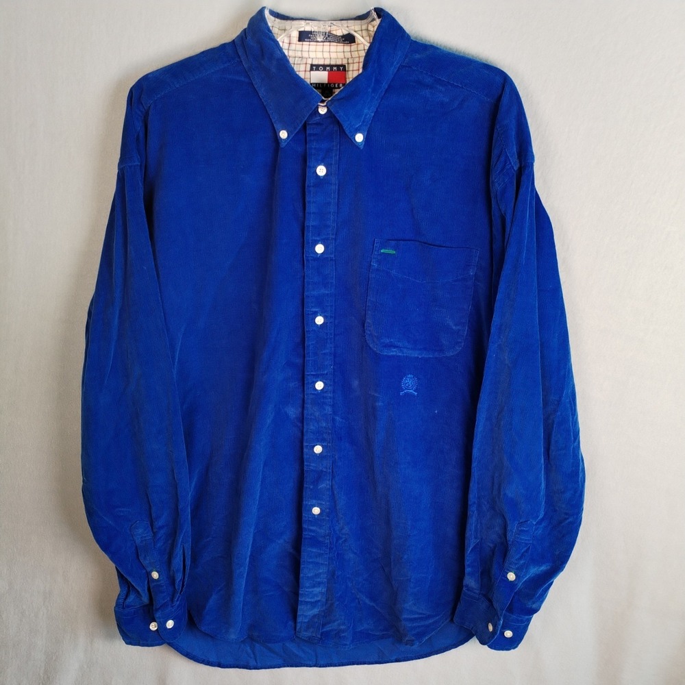 VTG Tommy Hilfiger Corduroy Shirt Men's XL Royal Blue Crest Logo 90s Preppy